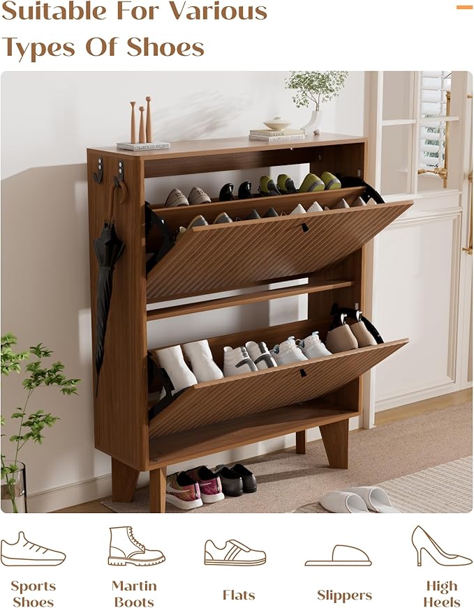 31.5" Shoe Cabinet Storage for Entryway with 2 Flip Drawers, Wood Fluted Narrow Shoe Cabinet for Hallway, Walnut