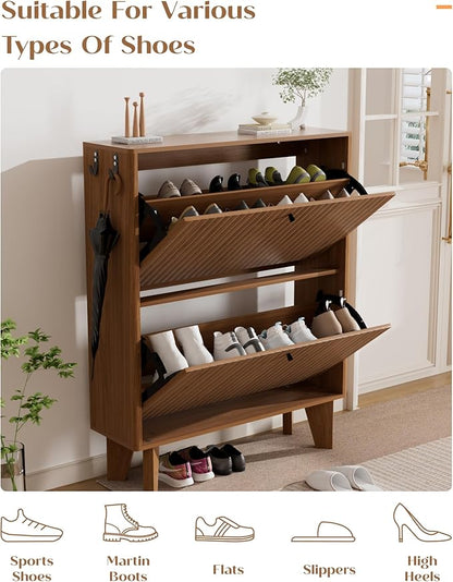 31.5" Shoe Cabinet Storage for Entryway with 2 Flip Drawers, Wood Fluted Narrow Shoe Cabinet for Hallway, Walnut