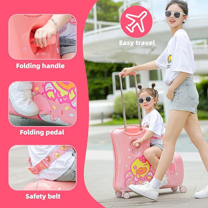 Kids' Lightweight Ride on Luggage with Spinner Wheels & Foldabe Design (Pink Donut, 24"+ Aged 3-12 Toddler), Birthday Gift