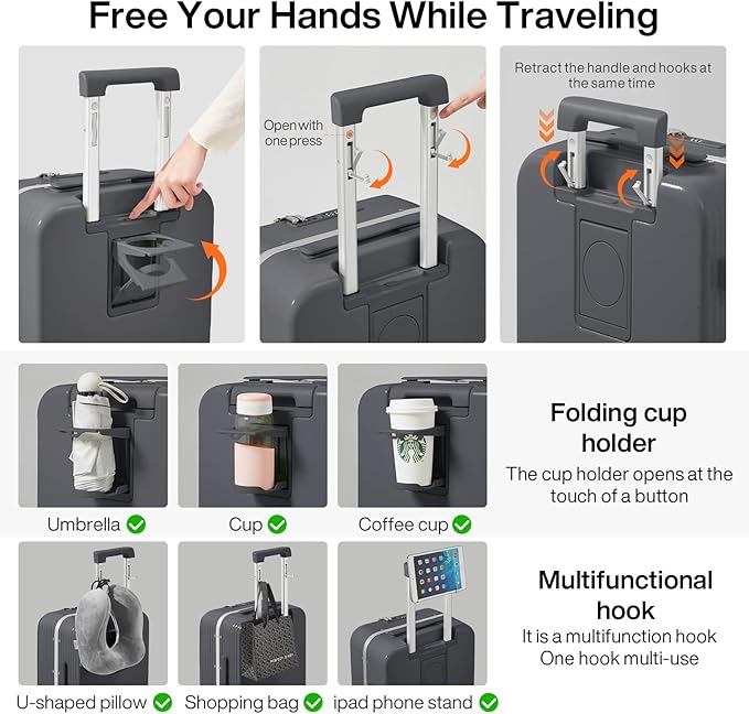 mixi Carry On Luggage with Cup Phone Holder and Charger Hard Shell Suitcases with Spinner Wheels,20 Inch Rock Gray