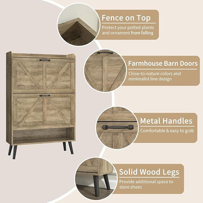 Shoe Storage Cabinet with 2 Flip Drawers, Hidden Shoe Cabinet Storage for Entryway Slim, Farmhouse Shoe Organizer Entryway with Wood Legs, Narrow Shoe Rack Cabinet, Rustic Oak