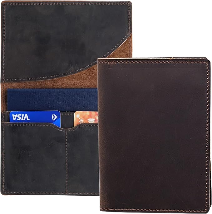 Leather Passport Holder with Travel Wallet, Genuine Leather Passport Cover- Passport Wallet, Leather Folding Wallet for Passports (Oval Cut, Dark Brown)