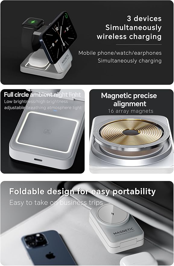 2025 Upgraded 3-in-1 Wireless Charger for iPhone,Travel Magnetic Charger Stand Nightlight Foldable Wireless Charging Station Compatible with Magsafe Charger&iPhone 17/16/15/14/13,Apple Watch&AirPods