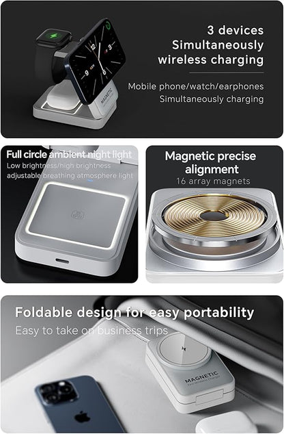 2025 Upgraded 3-in-1 Wireless Charger for iPhone,Travel Magnetic Charger Stand Nightlight Foldable Wireless Charging Station Compatible with Magsafe Charger&iPhone 17/16/15/14/13,Apple Watch&AirPods