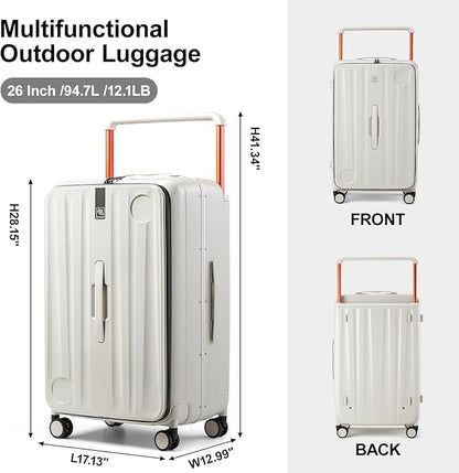 Hanke Multifunctional 26 Inch Checked Luggage Hard Shell Suitcases with Wheels Travel Trunk Style Luggage Large Rolling Suitcase for Women Men(Ivory White)