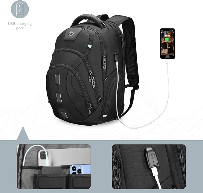 Swissdigital Design Men's Travel Laptop Backpack, TSA Friendly USB Charging RFID Protection Backpack for College and Business, Fits 17" Laptops Black | SD1644FB-01