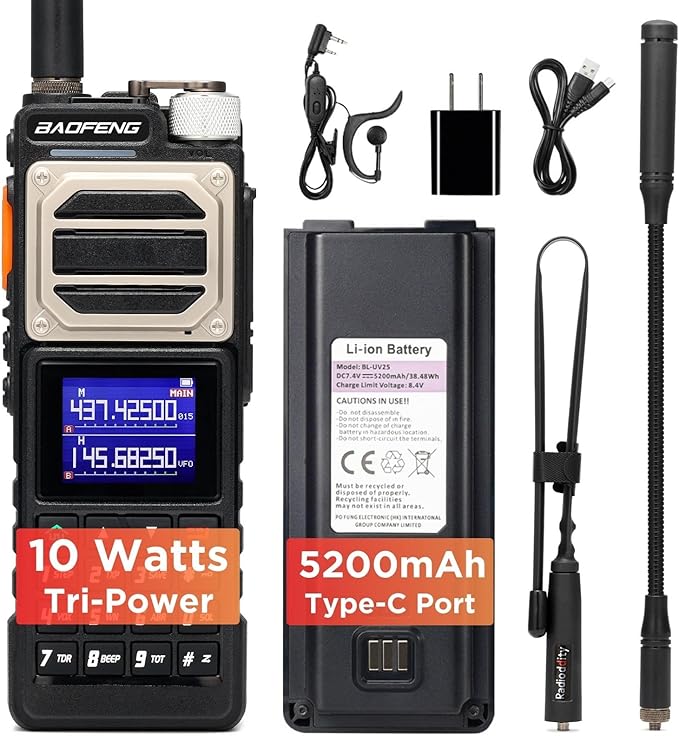 BAOFENG UV-25 10W Ham Radio Handheld, Dual Band Two Way Radio, UHF VHF FM AIR NOAA Receiver, 5200mAh Battery + USB-C Port, 999CH, Long Range Tactical Walkie Talkie, Chirp Programmable
