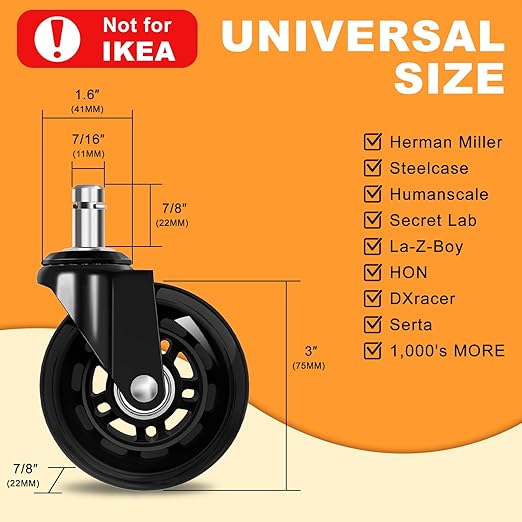 Office Chair Wheels for Casters Replacement - 3" Rubber Wheels for Computer Gaming Desk Caster Smooth & Safe Rolling for All Floors Including Hardwood and Carpet - Set of 5 - Black