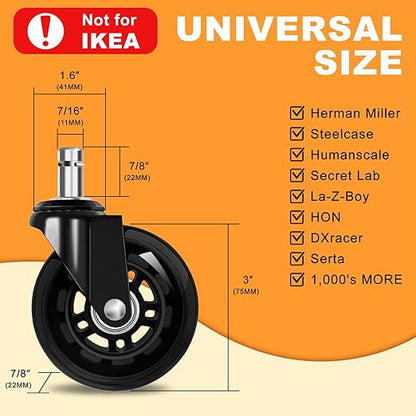 Office Chair Wheels for Casters Replacement - 3" Rubber Wheels for Computer Gaming Desk Caster Smooth & Safe Rolling for All Floors Including Hardwood and Carpet - Set of 5 - Black
