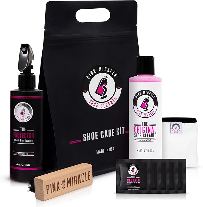 Pink Miracle Shoe Care Kit - Includes 8 oz. Shoe Cleaner and Brush, The Protector Sneaker Repellent Spray, Shoe Cleaning Wipes (5), and a Microfiber Towel