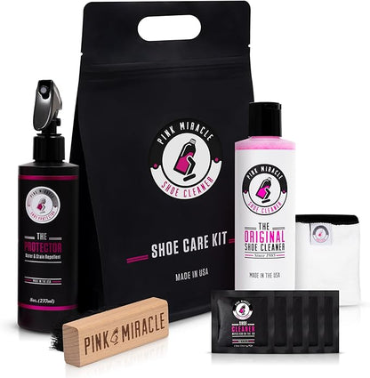Pink Miracle Shoe Care Kit - Includes 8 oz. Shoe Cleaner and Brush, The Protector Sneaker Repellent Spray, Shoe Cleaning Wipes (5), and a Microfiber Towel