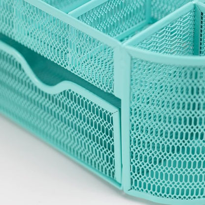 BLU MONACO Aqua Desk Organizer | Metal Stationery Holder With Drawer and Eight Compartments | Desktop Storage for Home Office or Study Space | 4.3”D x 9.3”W x 4”H Workspace Organizer