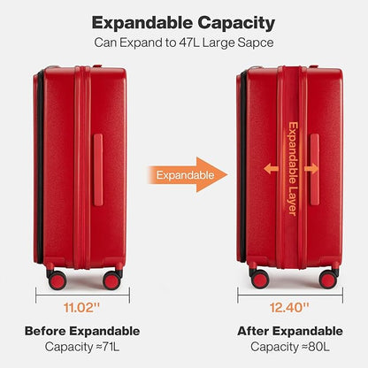 mixi 24 Inch Large Expandable Checked Luggage PC Hard Shell Suitcase Top Opening Rolling Travel Suitcases with Spinner Wheels & TSA Lock, Red