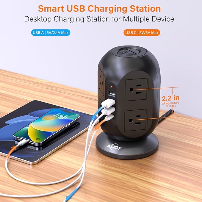 AiJoy Surge Protector Power Strip Tower with 8 Outlets 4 USB Ports(1 USB-C), 10 FT Flat Extension Cord with Multiple Outlets, Charging Tower with Surge Protection for Home Office Dorm Room Essentials