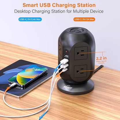 AiJoy Surge Protector Power Strip Tower with 8 Outlets 4 USB Ports(1 USB-C), 10 FT Flat Extension Cord with Multiple Outlets, Charging Tower with Surge Protection for Home Office Dorm Room Essentials