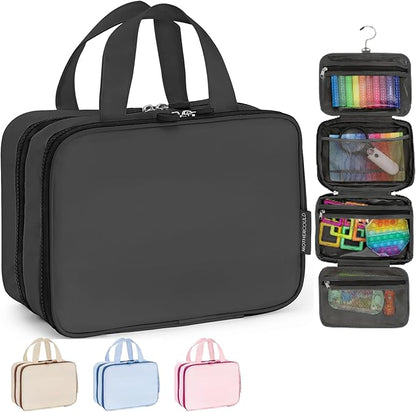 Kids Travel Organizer - Multi-Compartment, Water-Resistant Hanging Bag for Toys, Snacks, & Activities - Compact, Lightweight Design with Hook & Carry Handle - Perfect for Travel Use (Black, Small)