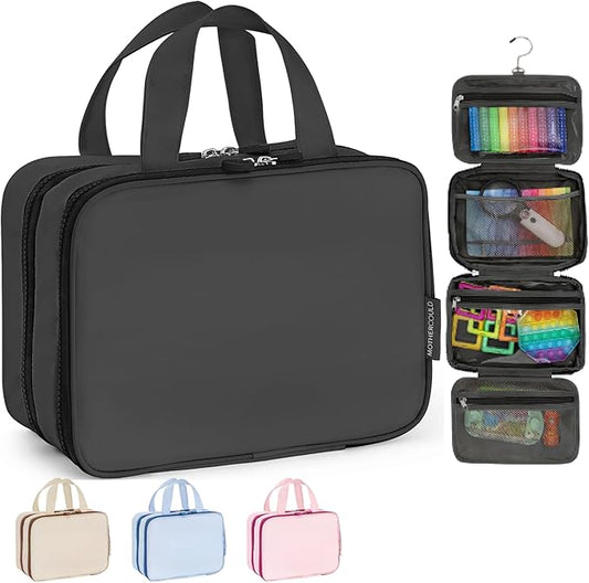 Kids Travel Organizer - Multi-Compartment, Water-Resistant Hanging Bag for Toys, Snacks, & Activities - Compact, Lightweight Design with Hook & Carry Handle - Perfect for Travel Use (Black, Small)
