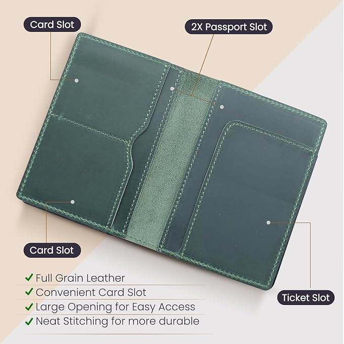 Leather Passport Holder with Travel Wallet, Genuine Leather Passport Cover- Passport Wallet, Leather Folding Wallet for Passports (Straight Cut, Green)