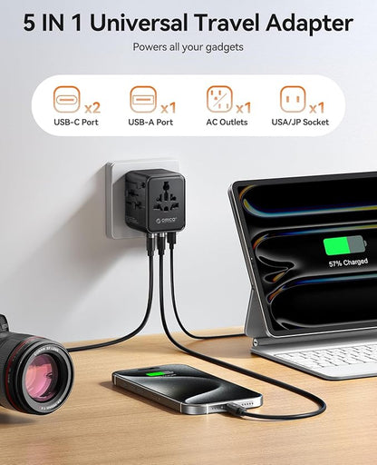 ORICO Universal Travel Adapter with 2 AC 2 USB-C and 1 USB-A Socket, PD 20W International Power Adapter, Worldwide Travel Essentials Wall Charger for USA EU UK AUS JP and Over 200 Countries