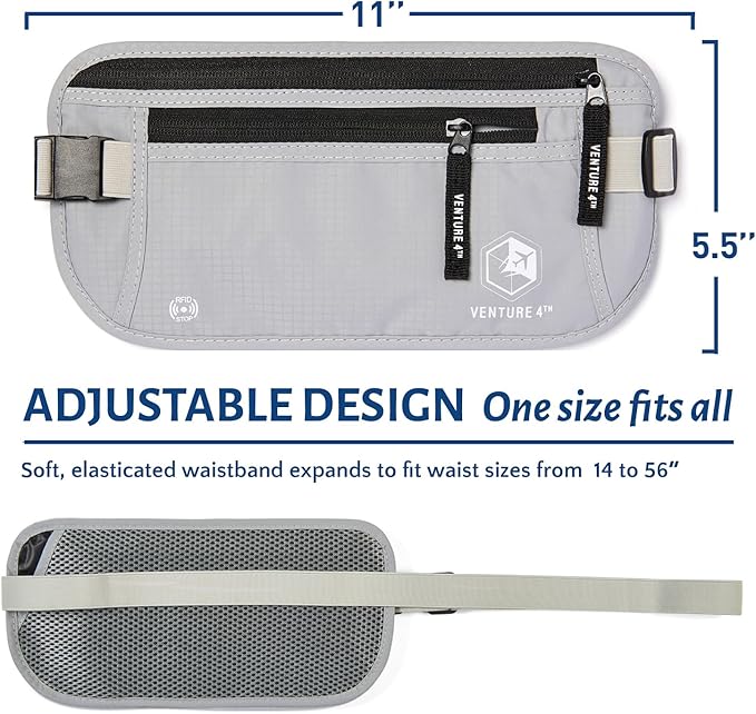 VENTURE 4TH Money Belt for Travel – Hidden Under-Clothes RFID Blocking Passport Holder & Slim Travel Wallet Pouch for Men & Women to Protect Cash, Cards & Documents (Silver)