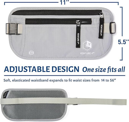 VENTURE 4TH Money Belt for Travel – Hidden Under-Clothes RFID Blocking Passport Holder & Slim Travel Wallet Pouch for Men & Women to Protect Cash, Cards & Documents (Silver)