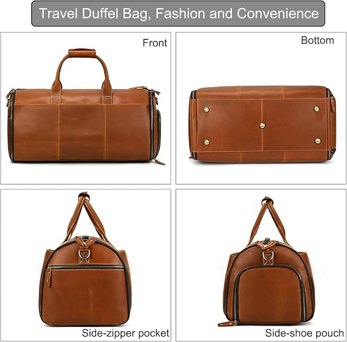 Full-grain Leather Garment Bag Large Capacity Travel Bag Business Suit Carrier Bag with Shoe Compartment, Overnight Gym Sports Duffel Bags for Men Women, Light Brown