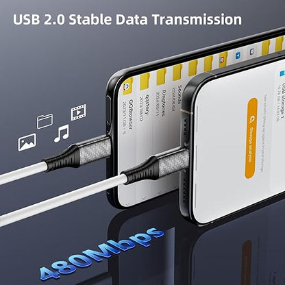 60W Charging Cable USB C to USB C Cord 20ft, PD Fast Charge Cable for iPhone 17 16 15/Samsung S25 S24 S23/Pixel 10 9,Data Transfer Wire/Type-C Power Cable for MacBook/iPad/Laptop/Security Camera,White
