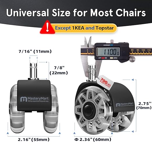 Office Chair Wheels Replacement, 2.5 Inch Heavy Duty Caster Set, for Carpet and Hardwood Floors, Universal Size 11x22mm, Fits 99%, Grey