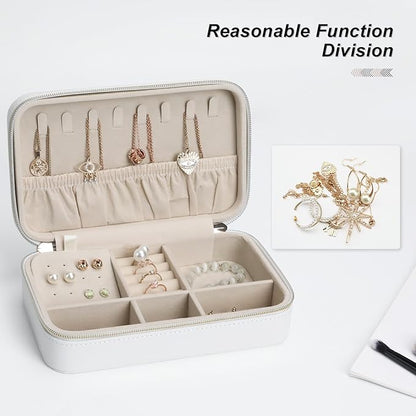 Travel Jewelry Case Stylish PU Leather Small Jewelry Case Organizer with Zipper Closure, Protects Jewelry from Scratches, Perfect Daily Companion White