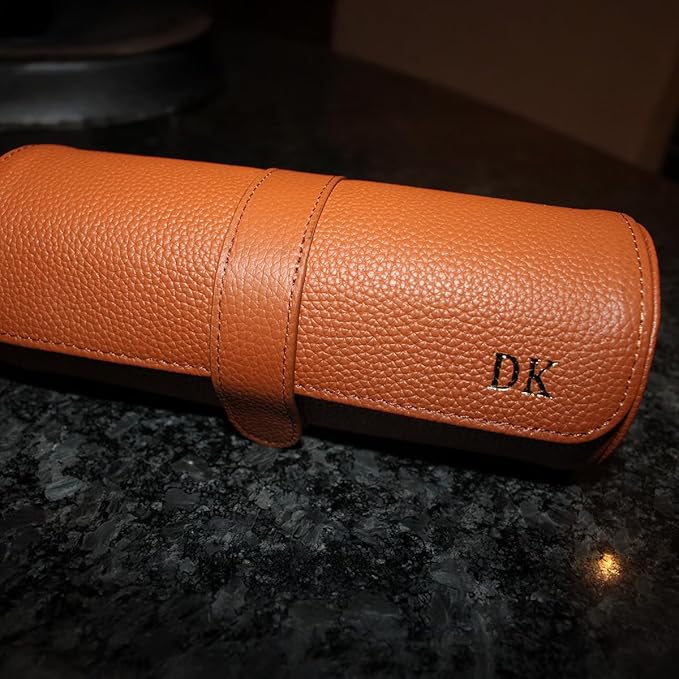 HomeWetBar Durham Custom Leather Jewelry, Bracelet & Watch Roll for Travel - Personalized Leather Case for 3 Watches & Accessories