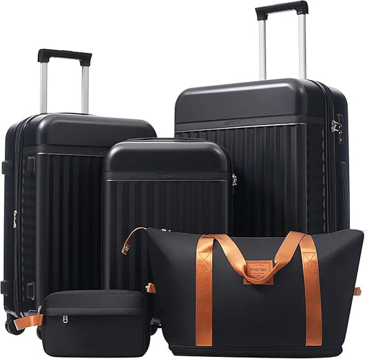 Merax Luggage Sets 5 Piece,Hardshell Expandable Suitcase with Spinner Wheels and Travel Bags,Lightweight Carry on Luggage,20/24/28IN,Black