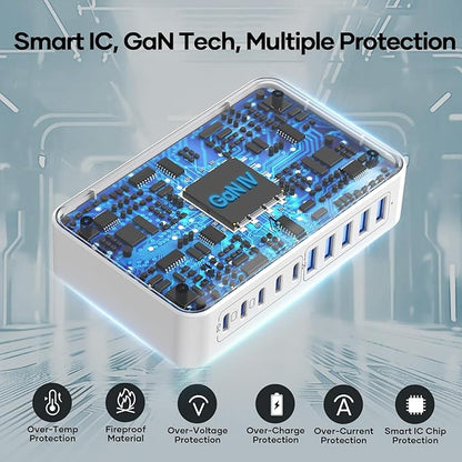 USB C Charger Hub 450W, 10 Ports Charging Station for Multiple Devices, Type C Port 140W Max for Laptops Super Fast Charging, GaN Tech Charging Blocks Comapct Design, Ultra Slim Flat Plug