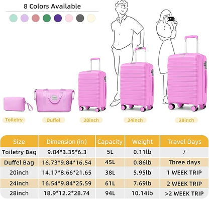 LARVENDER Luggage Sets 5 Piece with Duffel Bag Expandable(Only 28 inch) Hardside PP carry on luggage with 360° Spinner Wheels TSA Lock for Men Women, Neon Pink