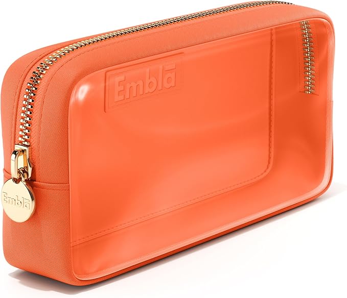 Embla London Makeup Bag Cosmetic Case, Clear Zipper Make Up Pouch and Toiletry Travel Tote, Cute Skincare Pouches for Women Girls, Preppy Purse Cosmetic Organizer, Mini Small Makeup Bags, Peach