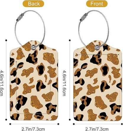 2Pack Luggage Tags for Suitcases, Cute Unique Pu Leather Cruise Luggage Tag with Privacy Cover ID Label Address Card and Metal Ring Suitable for Women Men Kids Travel Bag Brown Leopard Print