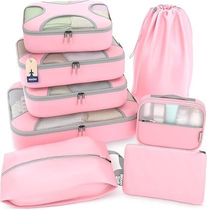 Shacke Premium 8 Packing Cubes Set - Lightweight Mesh Travel Luggage Organizers with Laundry Bag, 8-Piece Suitcase Storage System (Summer Pink)