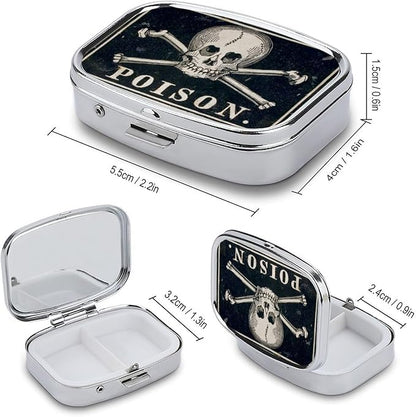 Metal 2 Compartment Pill Organizer Travel Friendly Portable Compact Pill Box Cute Pill Case to Hold Vitamins,Fish Oil,Supplements,Meds,Tablet for Purse,Pocket. (A Skeleton with a Black Background)