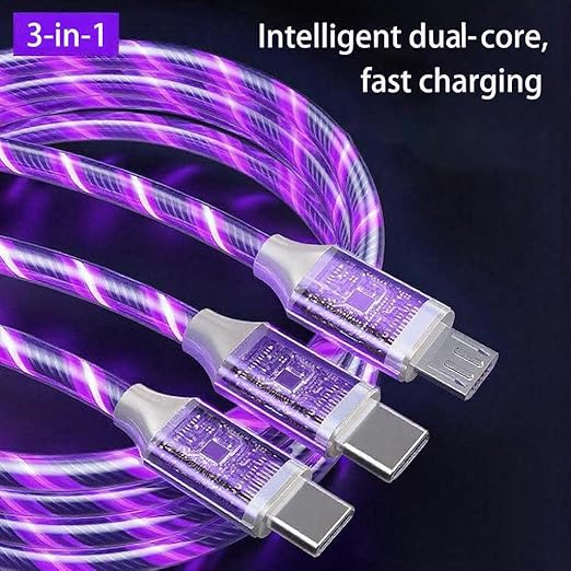 USB Cable PD Fast Charger Lighted Up (USB 3IN1 Purple),Phone Data Cable, Flowing Light Charging Cable, 39-inch, TPE Material, Compatible with Almost All Phones, Tablets, and Headphones.