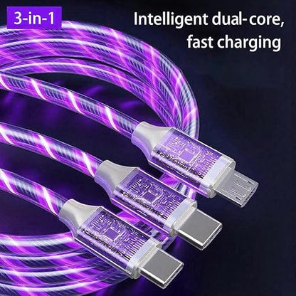 USB Cable PD Fast Charger Lighted Up (USB 3IN1 Purple),Phone Data Cable, Flowing Light Charging Cable, 39-inch, TPE Material, Compatible with Almost All Phones, Tablets, and Headphones.