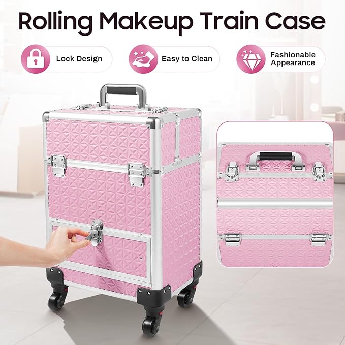 Portable Makeup Organizer Suitcase, Stylist Beauty Salon Cosmetic Luggage, Makeup Train Case w/ 4 Removable Wheels & Sliding Drawers for Barber Store