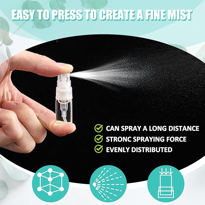 Zhehao 100 Pcs Mini Spray Bottles 2 ml Clear Glass Perfume Bottles Refillable Fine Mist Perfume Atomizer Portable Empty Sample Containers for Cleaning, Essential Oils, Travel (Clear Cap)
