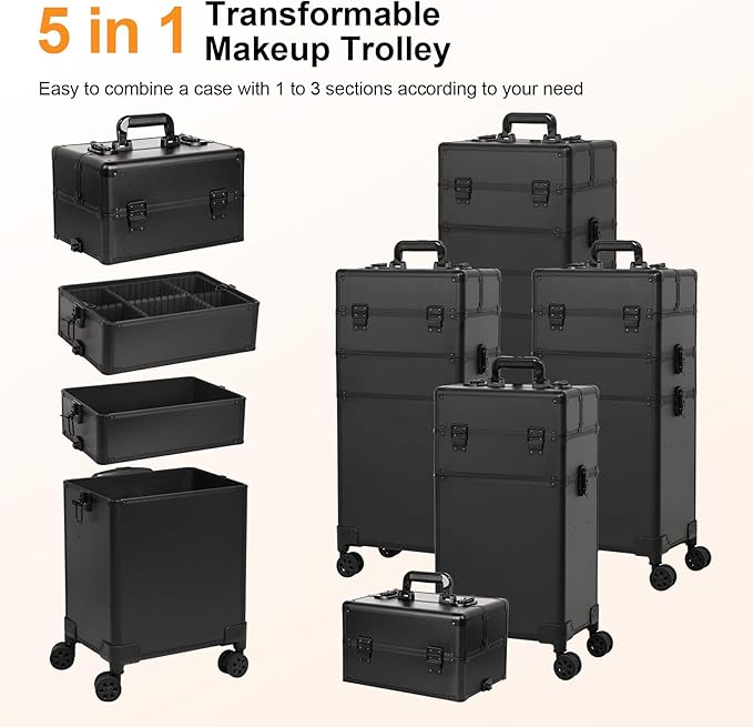 Professional Rolling Makeup Case, Cosmetology Case on Wheels 4 in 1 Large Cosmetic Train Case, Ideal Gift for Hairstylist, Nail Techs, Portable Beauty Organizer for Travel or Salon Use,Black