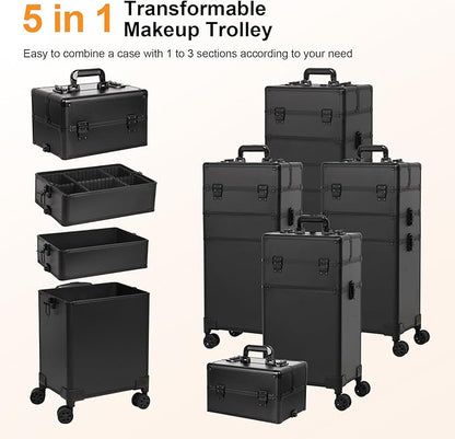 Professional Rolling Makeup Case, Cosmetology Case on Wheels 4 in 1 Large Cosmetic Train Case, Ideal Gift for Hairstylist, Nail Techs, Portable Beauty Organizer for Travel or Salon Use,Black