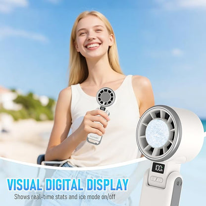 Upgraded Portable Handheld Fan with 60°F Ice Cooling, Up tp 12Hrs Personal Fans Portable Rechargeable, 5 Speed 25550RPM Powerful Portables Fan Handheld, Hand/Neck/Desk Fan 3 IN 1(White)