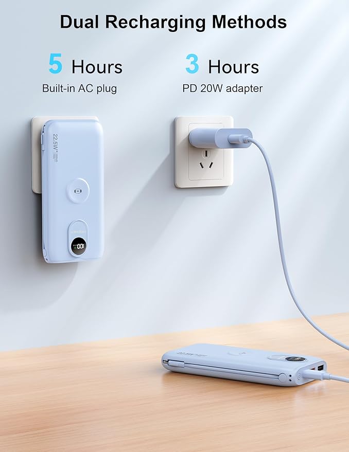 Portable Charger, 10000mAh 22.5W Fast Charging Power Bank with Built in Cable & Wall Plug, Travel Essential Battery Pack with LED Display, External Charger for iPhone 17/16, iWatch 11/10/9/8/Ultra/SE