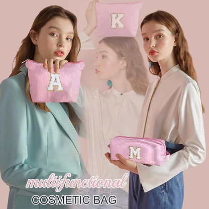 YOOLIFE Personalized Birthday Gifts for Women Teacher, Initial Cute Pink Cosmetic Makeup Bag Pouch Case Travel Toiletry Make Up Bag for Women Friends Female Friendship Girlfriend Wife Gifts Idea D