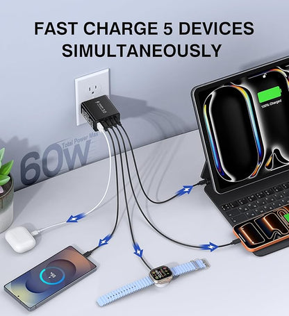 [2-Pack] USB C Wall Charger, 60W Type C Charger Block 5-Port Fast Charging Blocks,3USB C+2USB A Multiport Plug,PD Power Adapter Brick Cube for iPhone 17/16/15/14/13/Pro,iPad,Samsung,for Switch（Black）