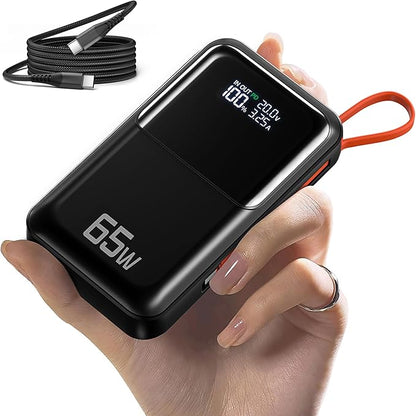 65W Portable Laptop Charger - 27,000mAh Power Bank with Built-in USB-C Cables, 3-Port 130W Total Fast Charging for MacBook/iPhone/Steam Deck|TSA-Approved Travel Essential Airplane Safe Battery Pack