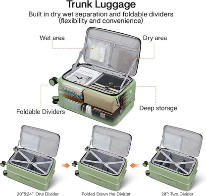 Hanke 20 Inch Carry On Luggage with Cup Holder and Charge,Top Opening Hard Shell Suitcases with Wheels and Dividers,Aluminum Frame Trunk Luggage Small Suitcase with Lock for Travel,Bamboo Green