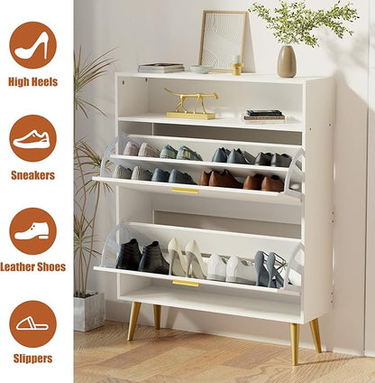 JOZZBY Shoe Cabinet for Entryway, White Narrow Shoe Storage Cabinet with 2 Flip Drawers, Freestanding Hidden Shoe Rack Storage with Open Shelves for Hallway, Living Room